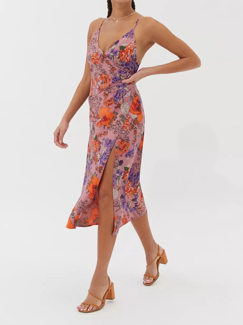 Urban Outfitters Lily Floral Rose Satin Wrap Dress